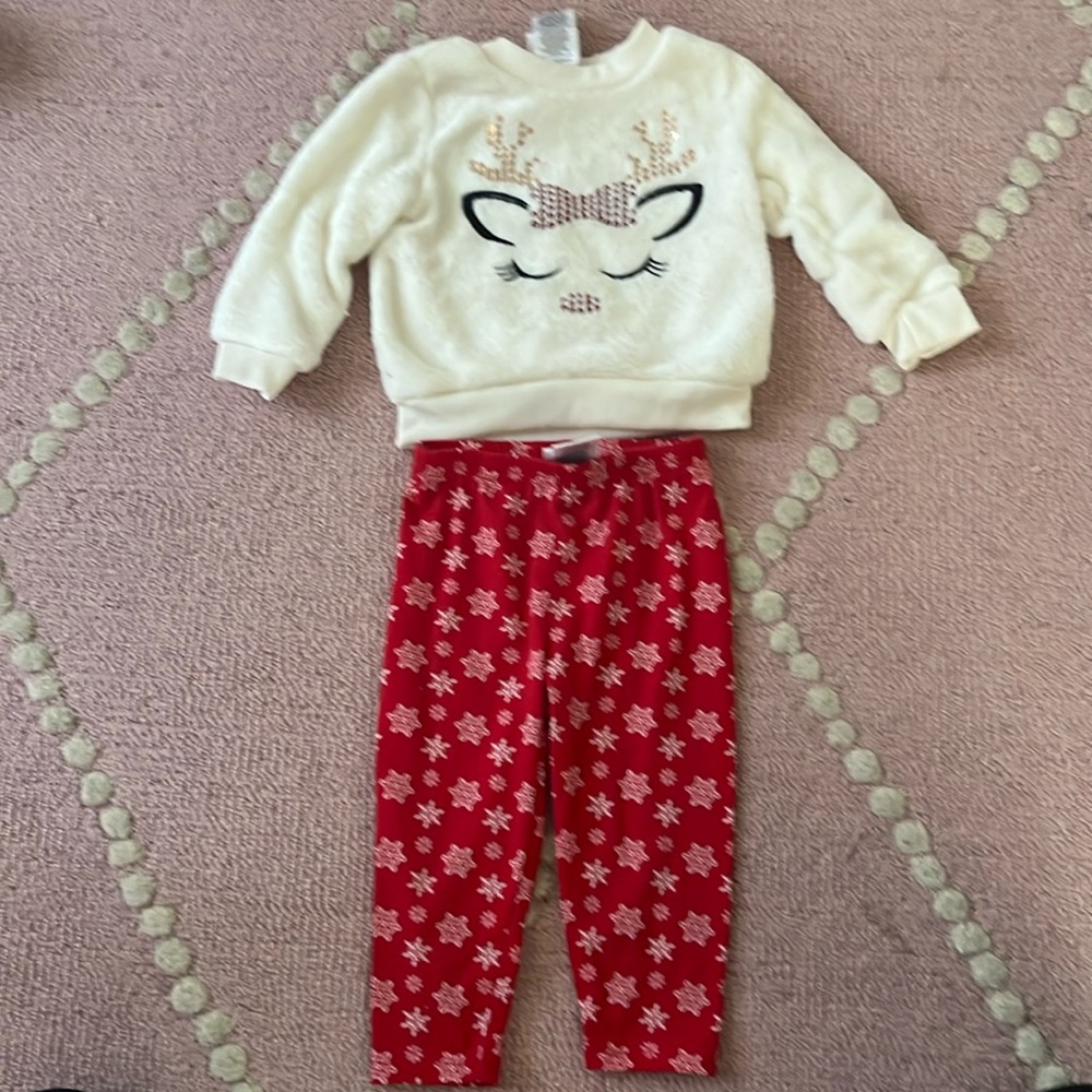 Just Lizzy Reindeer sweater with matching snowflake red pants
